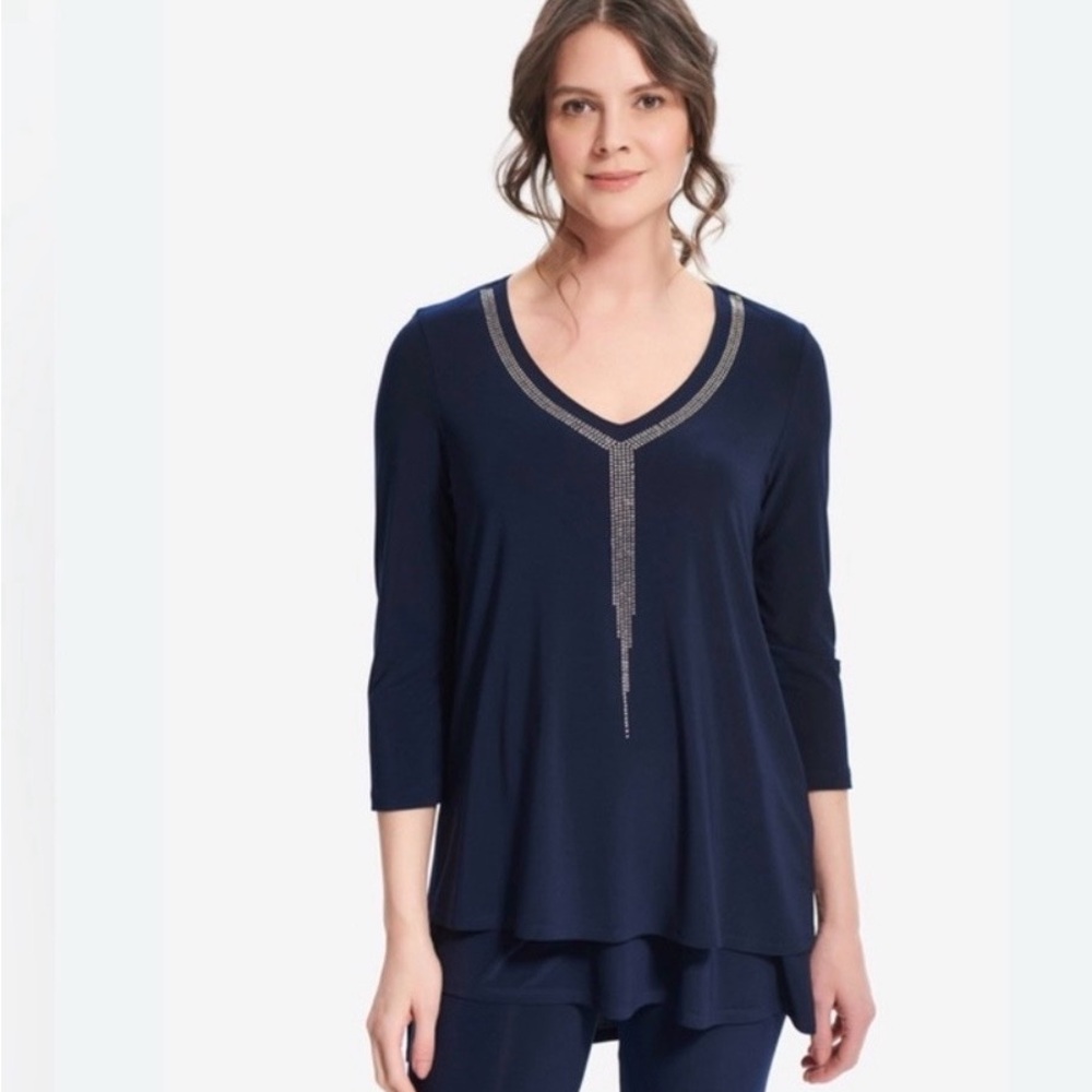 Joseph Ribkoff Navy V-Neck Tunic with Rhinestone Detail